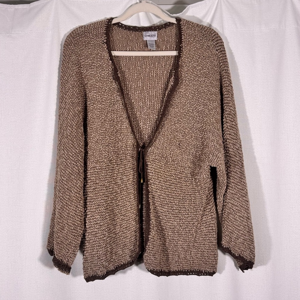 Chico’s Neutral Knit Open Front Tie Cardigan